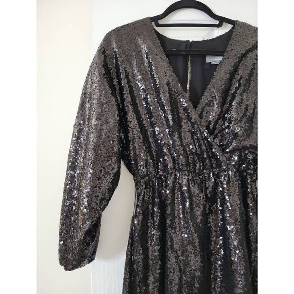 NWT ANTHROPOLOGIE LISABETTE SEQUIN GLITZ WRAP MINI STATEMENT DRESS BLACK LBD XS - Picture 3 of 10